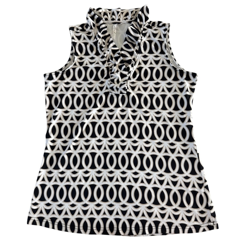 Lulu-B Sleeveless Top XS Black White Geometric Ruffle Neck UPF 50+ Stretch